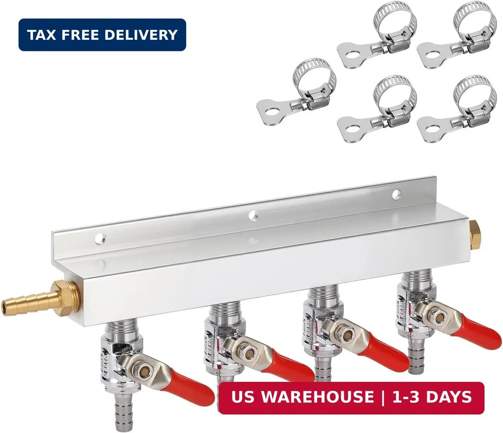 Solimeta 4-Way CO2 Gas Manifold Distributor – 5/16 Inch Barb Splitter with Check