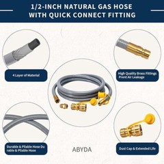 12 Feet 1/2 inch ID Natural Gas Grill Hose with Quick Connect Fittings, Natur…