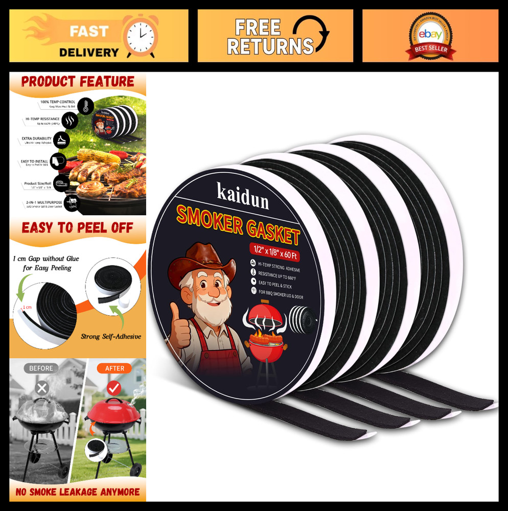 BBQ Smoker Seal Gasket 4 Pack 15ft High Heat Grill Gasket Easy Peel Black