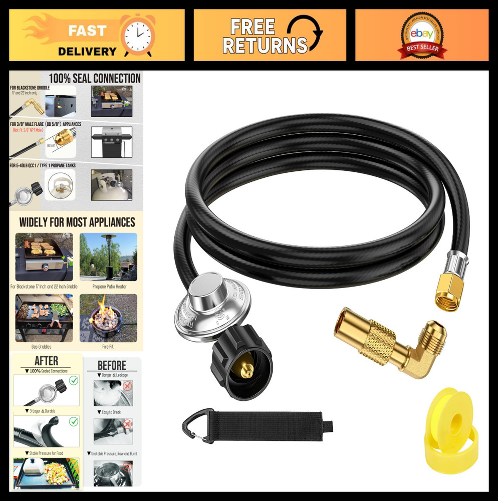 5ft Propane Regulator & Hose with Elbow Adapter for Griddles, Heaters & Fire Pit