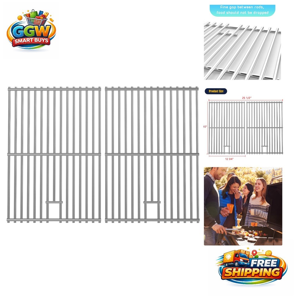 2 Pack Stainless Steel Grill Grates, 15” x 25.5” for Various Gas Grill Models