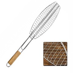 56 Centimeter Fish Grill Stainless Steel with Wooden Handle for Grilling