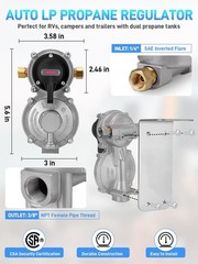 2-Stage Auto Changeover Propane Gas Regulator with Dual 18″ Hoses & Tank Gauge f