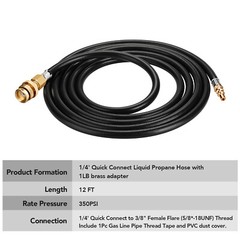 12 FT LP Propane Quick Connect Hose Gas Grill Hose for 1 LB Appliance 3/8 Female