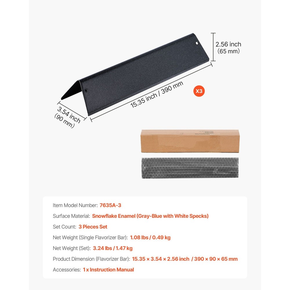 15 Inch Grill Flavorizer Bars, Porcelain Enameled Steel, 3 Pack
