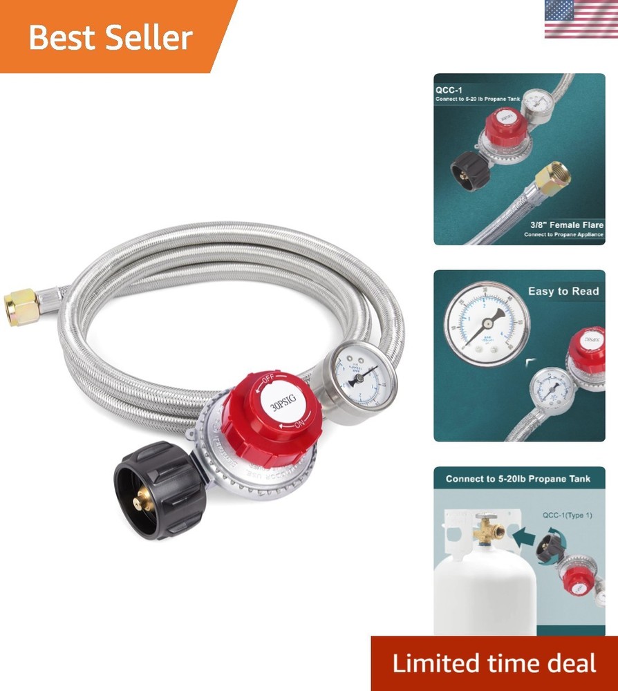 Reliable Adjustable Propane Regulator with 5-Foot Hose – Perfect for Cooking