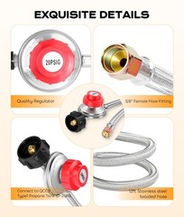 DPB 5FT/12FT Braided LP Hose, 0-20PSI Adjustable Regulator with QCC1 & 3/8″ -USA