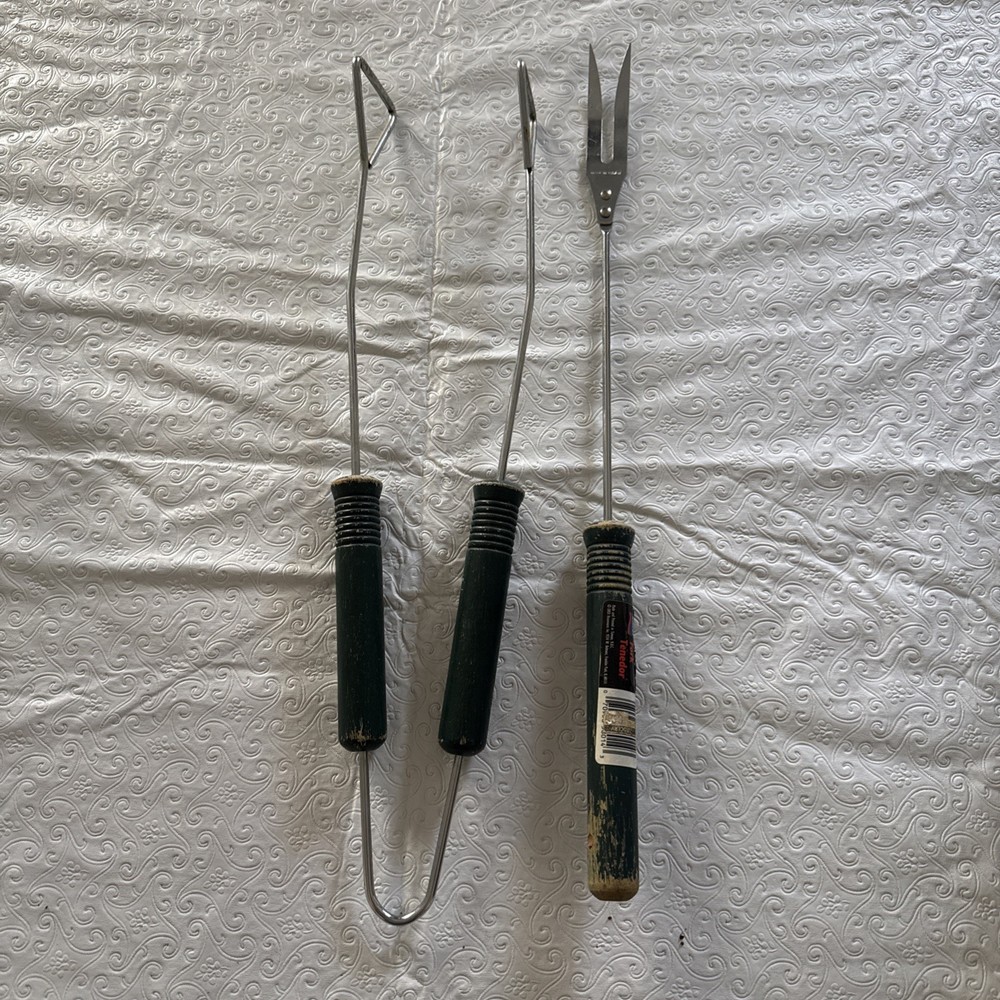 Vintage Ekco Grill Set Tongs 58015 & 58014 Wood Handle Rare! With Stickers