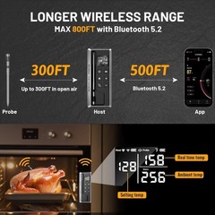 Wireless Meat Thermometer with Smart Timer & APP Control, 800ft Blu… Fast Ship