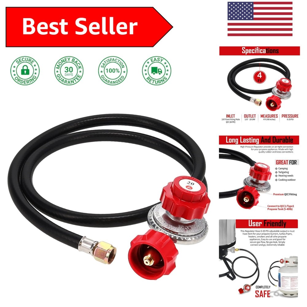 2109-RED 4ft Adjustable Propane Regulator and Hose – Compatible with U.S. Tanks