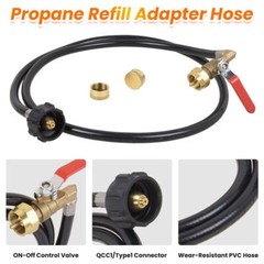 48” Upgraded Propane Refill Adapter Hose, QCC1 Inlet Control Valve 2 Bottle Cap