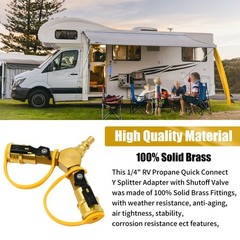 1/4 RV Propane Quick Connect Y Splitter Adapter w Shutoff Valve 2 Way Kit