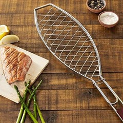 Wooden Handle Fish Grill Stainless Steel Large Size for Grilling Fish and Meat