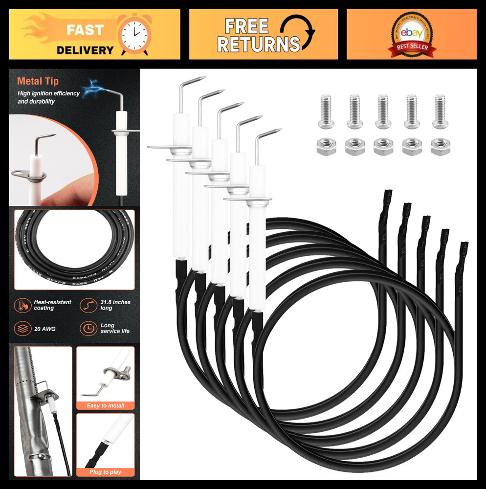 BBQ Igniter Kit Electrode Replacement Parts for Gas Grills – 5 Set with Wire & F