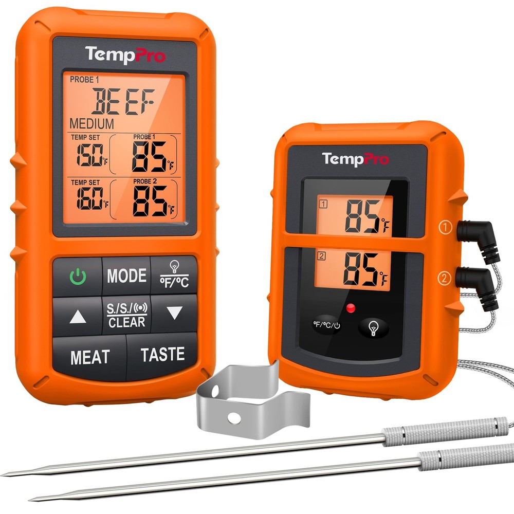 TempPro TP20 500FT Wireless Meat Thermometer with Dual Standard, Orange