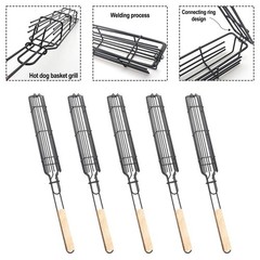 5Pcs Stainless Steel BBQ Grill Cage with Wooden Handle for Convenient Use
