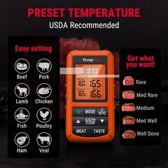 TempPro TP20 500FT Wireless Meat Thermometer with Dual Standard, Orange
