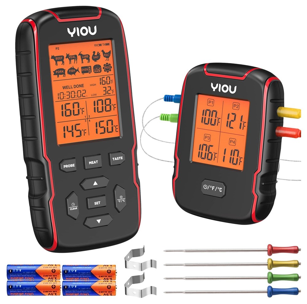 YIOU Wireless Meat Thermometer for Cooking, Digital 4 Probe, Red