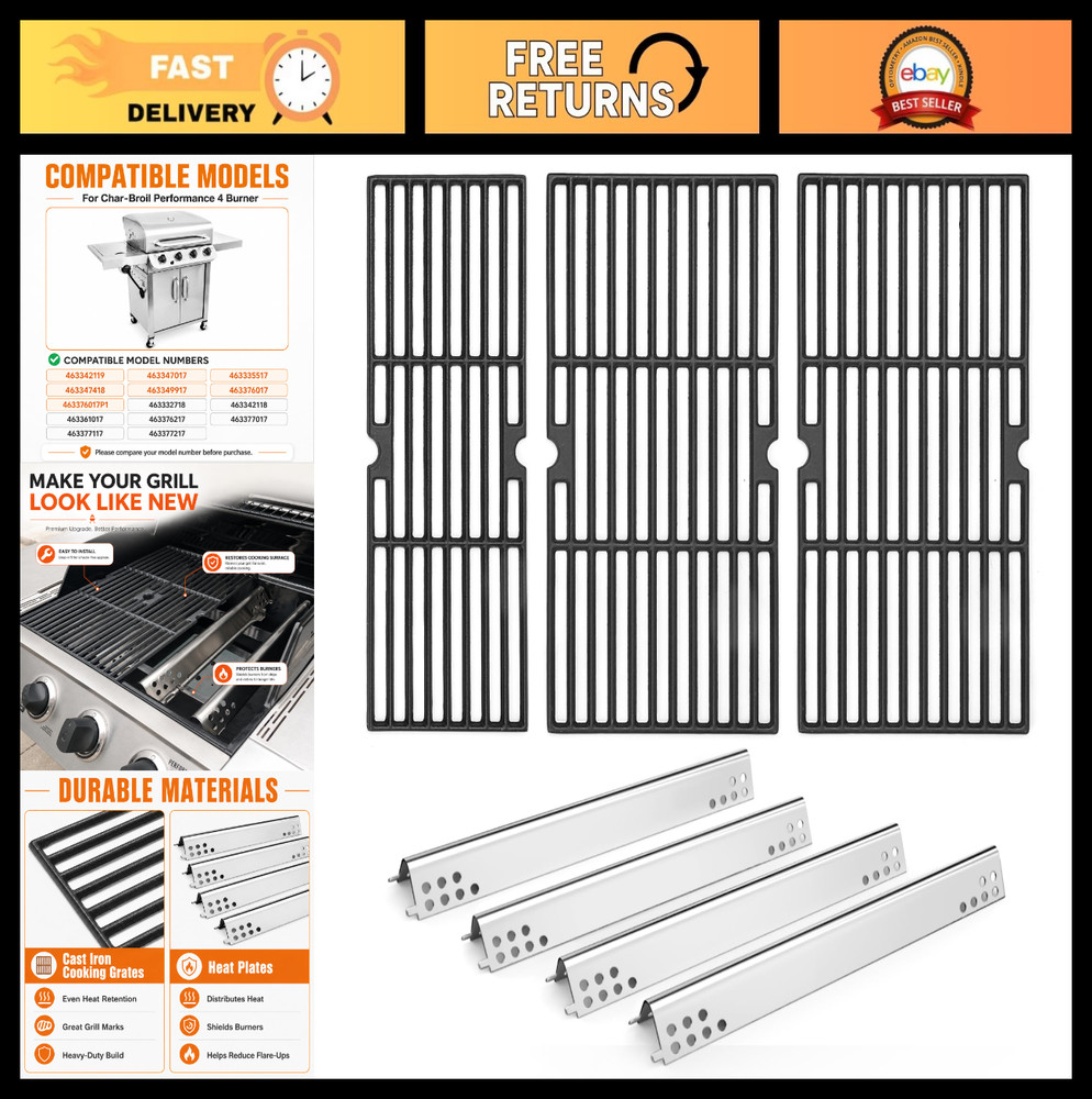 Grill Parts for 4-Burner Gas Grill – Cast Iron Cooking Grates & Heat Plates 18×2