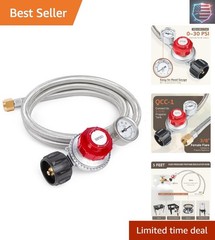 0-30 PSI Adjustable High Pressure Propane Regulator with Gauge, 5-Foot Stainl..,