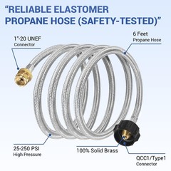 Home DIYer 6FT Propane Hose Adapter 1lb Stainless Steel Braided, Silver
