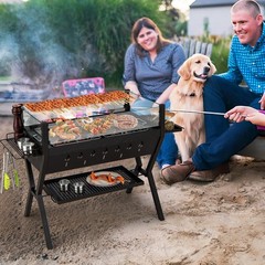 Stainless Steel Barbecue Charcoal Grills with Wind Guard & Seasoning Racks