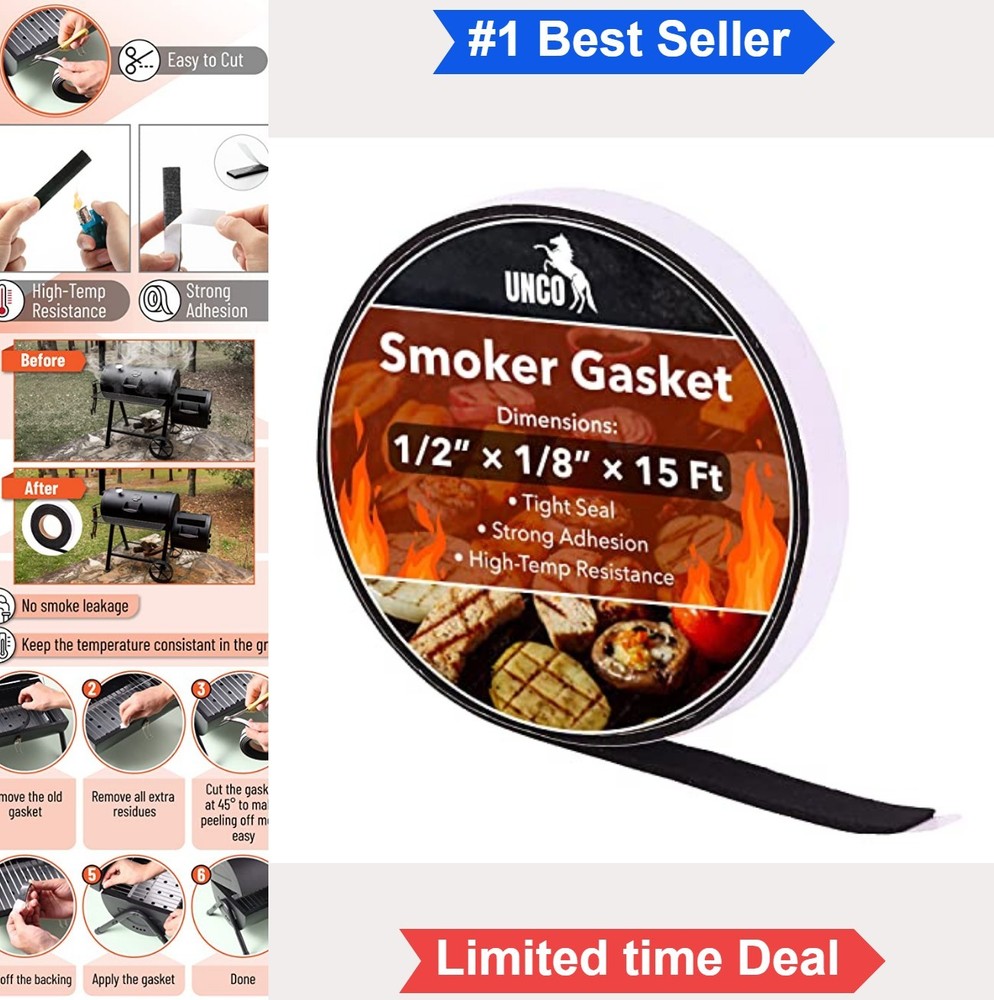 Grill Gasket 1/2 Inch 15 Ft Smoker Sealer High Temp 500 Degree F For BBQ Gap