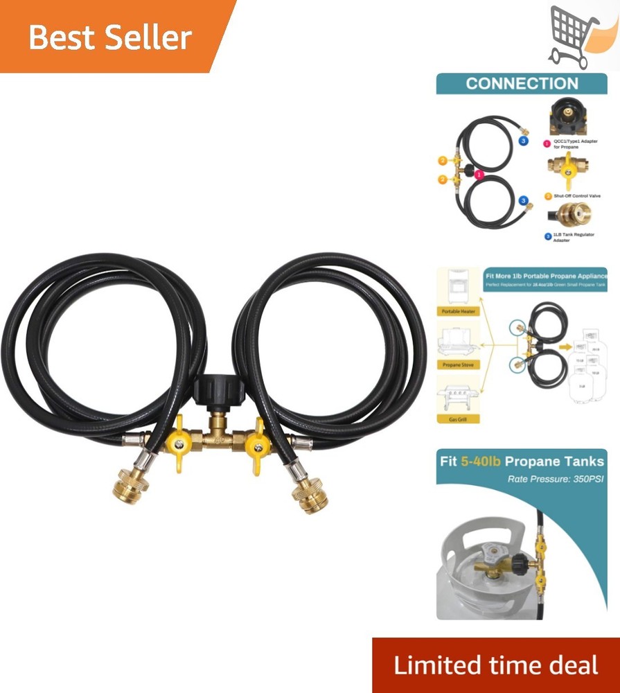 Propane Splitter Hose 2 Way Adapter Rubber 5ft for 1lb to 20lb Tanks Camping …