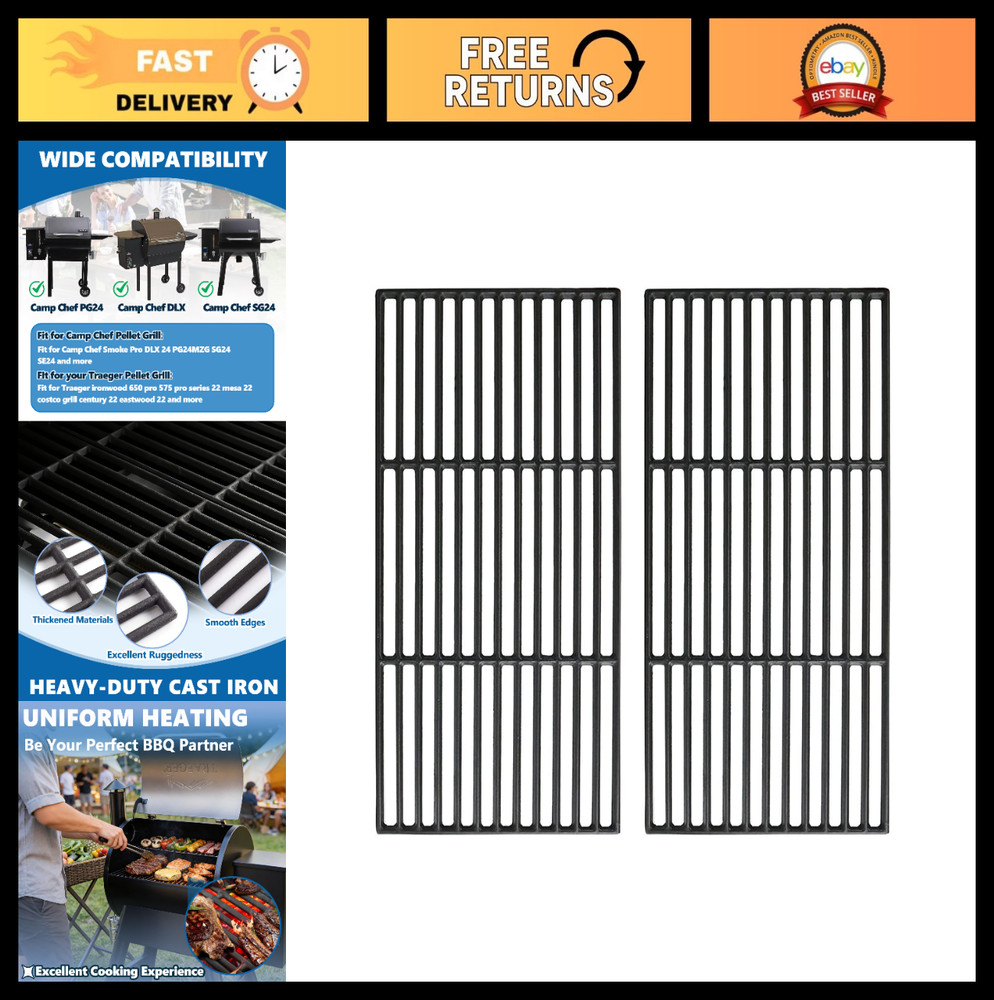Cast Iron Cooking Grates for Camp Chef & Traeger Pellet Grills – Durable BBQ Gri