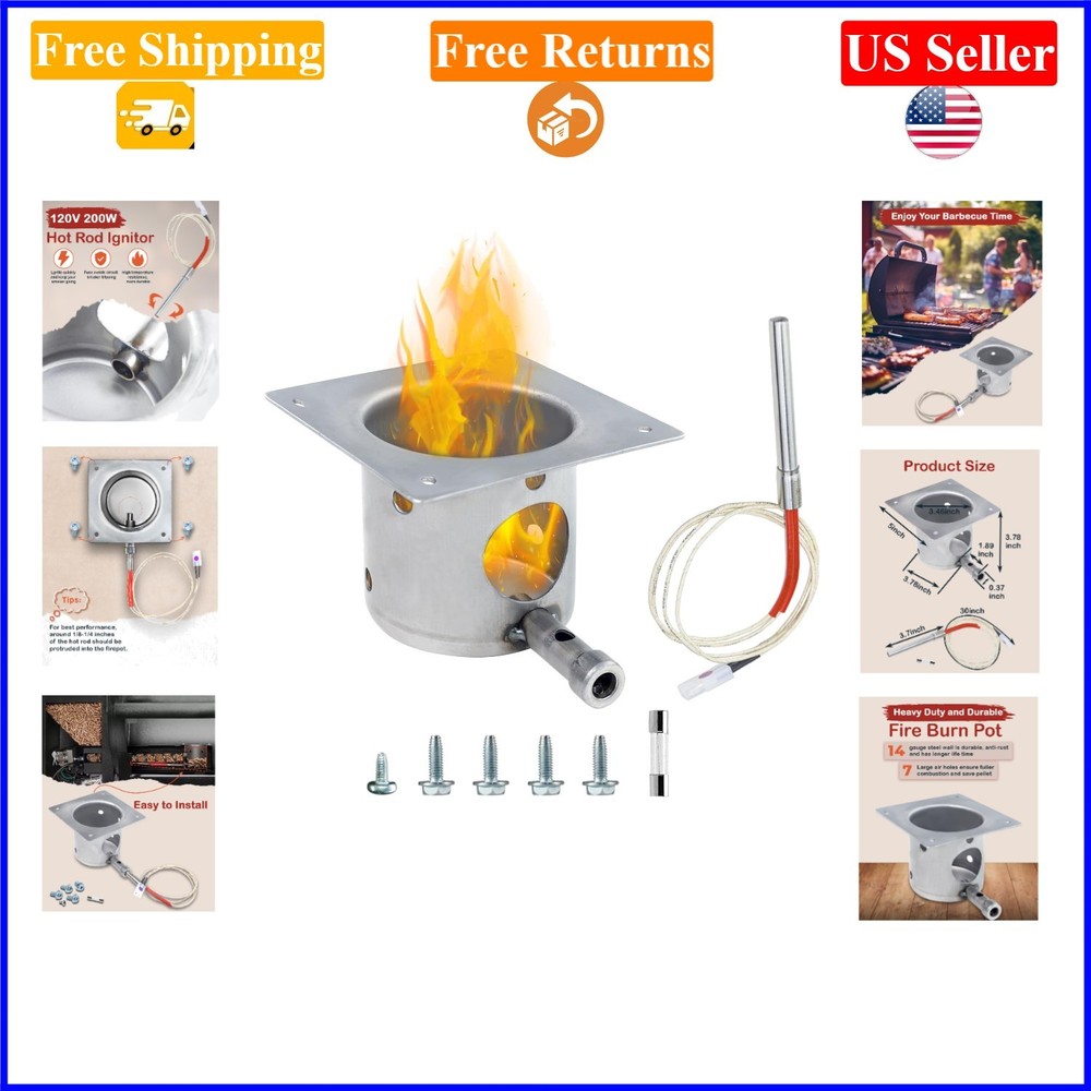 Pellet Grill Fire Burn Pot & Hot Rod Ignitor Kit for Traeger & Pit Boss