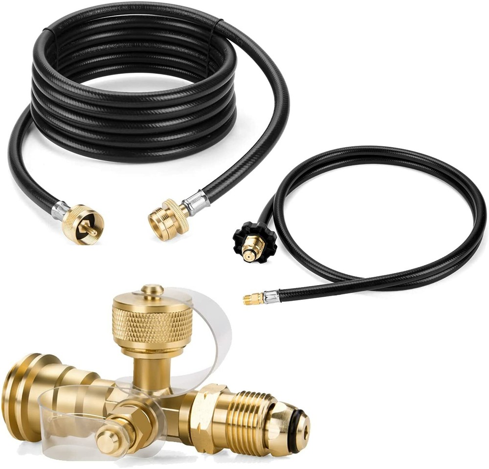 Propane Brass Tee Adapter Kit 4-Port w/ 5ft &12ft Hose For RV Motorhome Cylinder