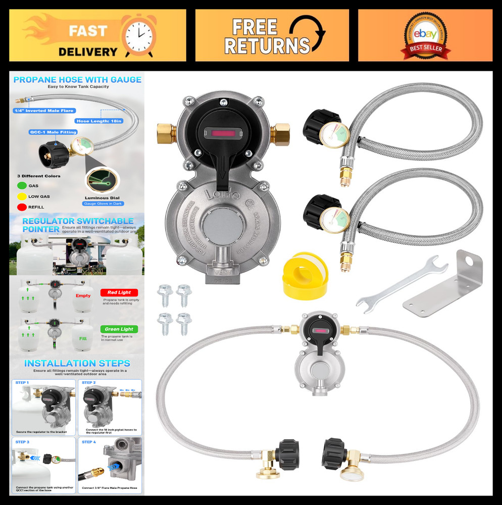 2-Stage Auto Changeover Propane Gas Regulator with Dual 18″ Hoses & Tank Gauge f