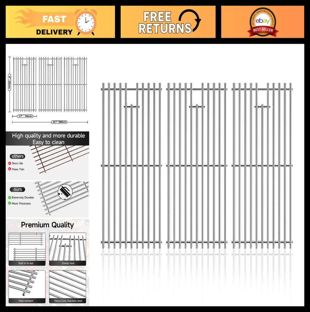 3pcs Stainless Steel Grill Cooking Grates, 17″x23.1″ Replacement Parts for Charb