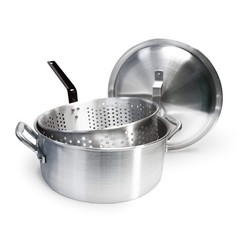 1350 14-qt Aluminum Fry Pot w/ Lid and Aluminum Perforated Basket Features He…