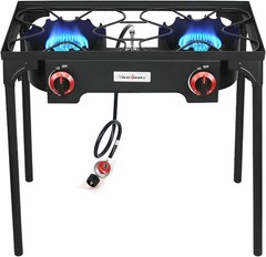 High Pressure Propane Gas Regulator & Double Burner Camping Grill – 120,000 BTU