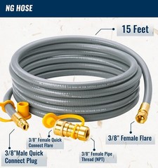 15 Feet 3/8 inch ID Natural Gas Grill Hose with Quick Connect Fittings, Natur…