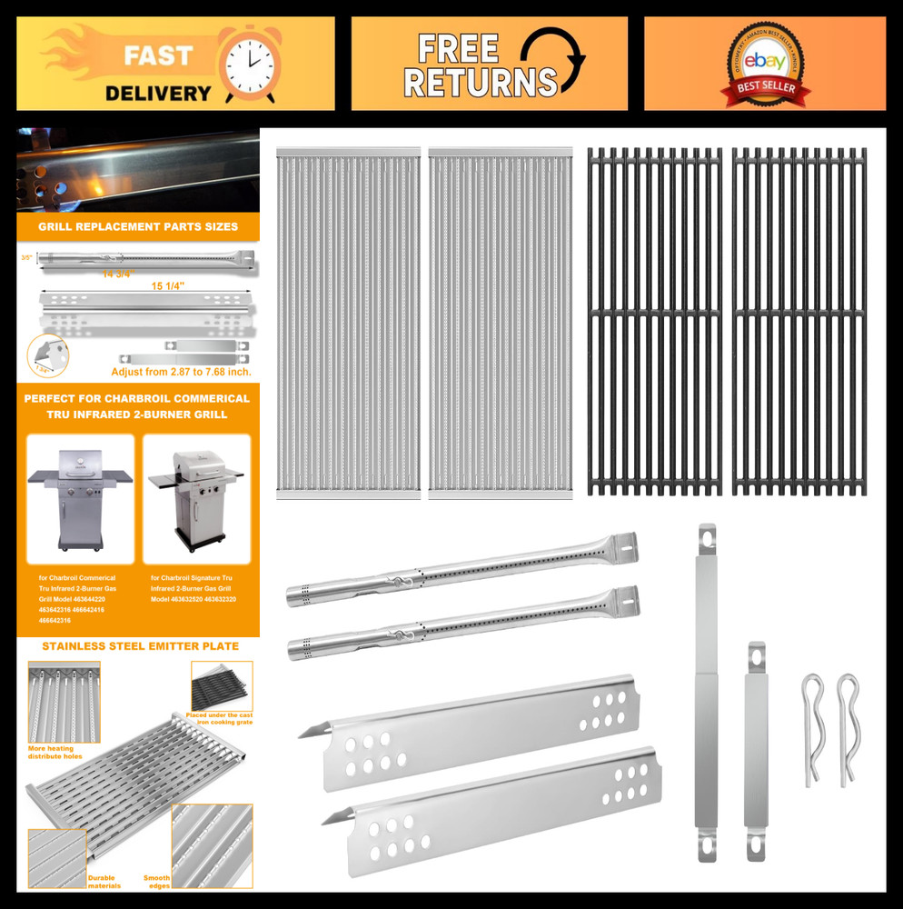 Grill Replacement Parts for 2-Burner Gas Grills – Cast Iron Grates, Stainless St