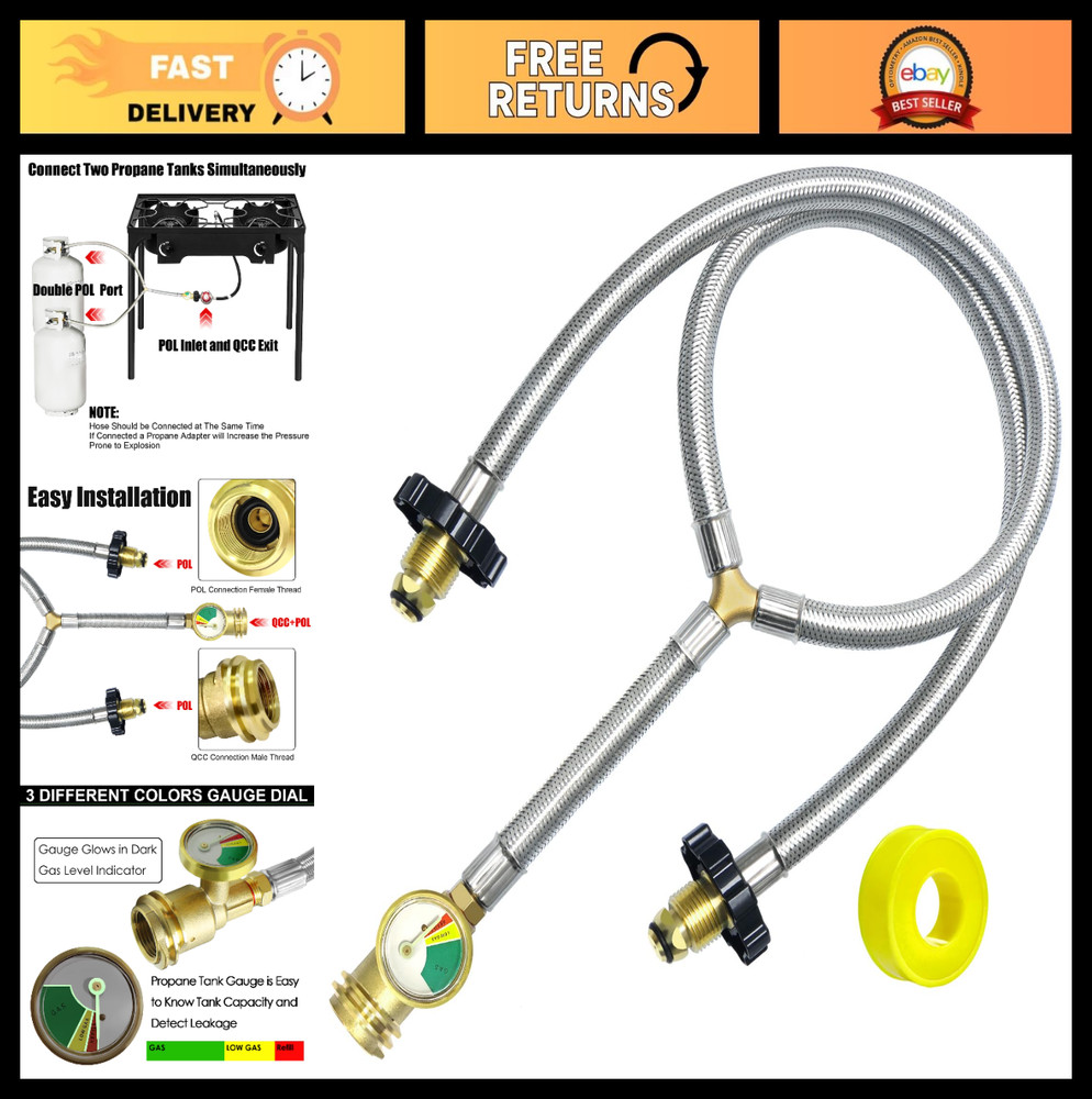 Stainless Steel Braided Y-Splitter Dual Propane Tank Converter Hose with Gauge,