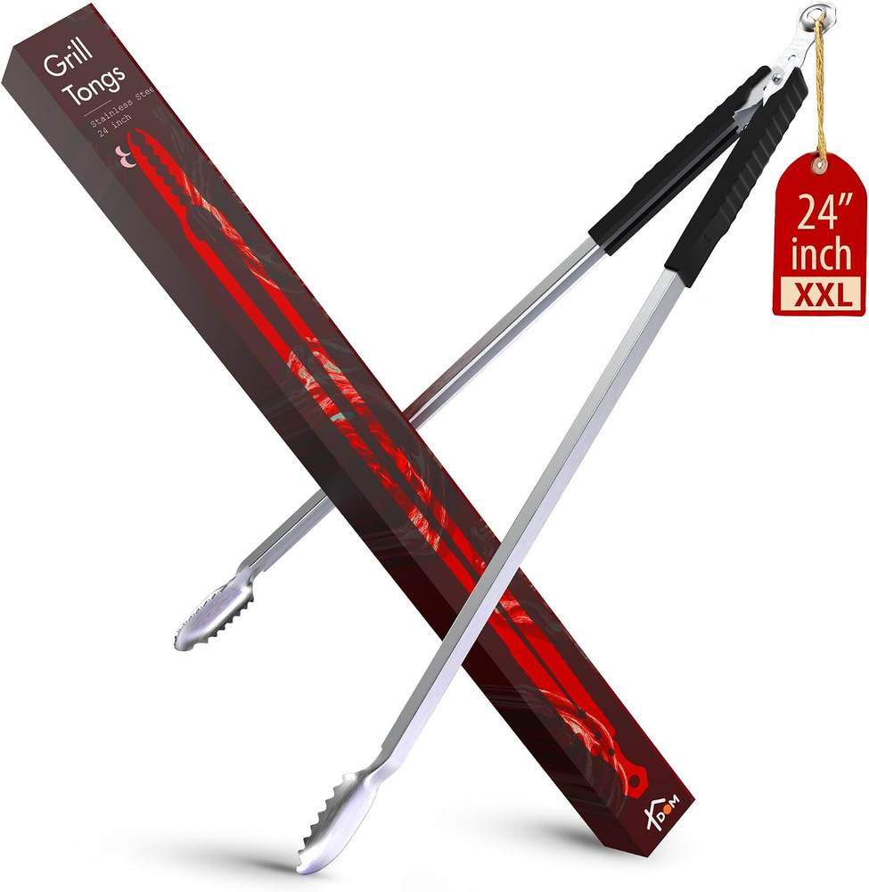 24 Inch BBQ Tongs – 1 Year Warranty, 100% Stainless Steel Long Metal Grill Tongs