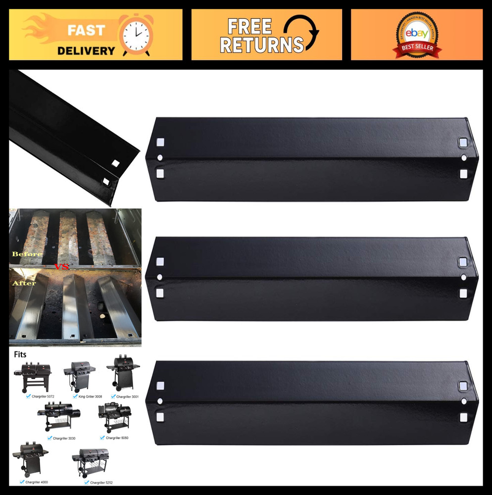 3-Pack Porcelain Steel Heat Plates & Shields for Charcoal Gas Grills – Fits 3001