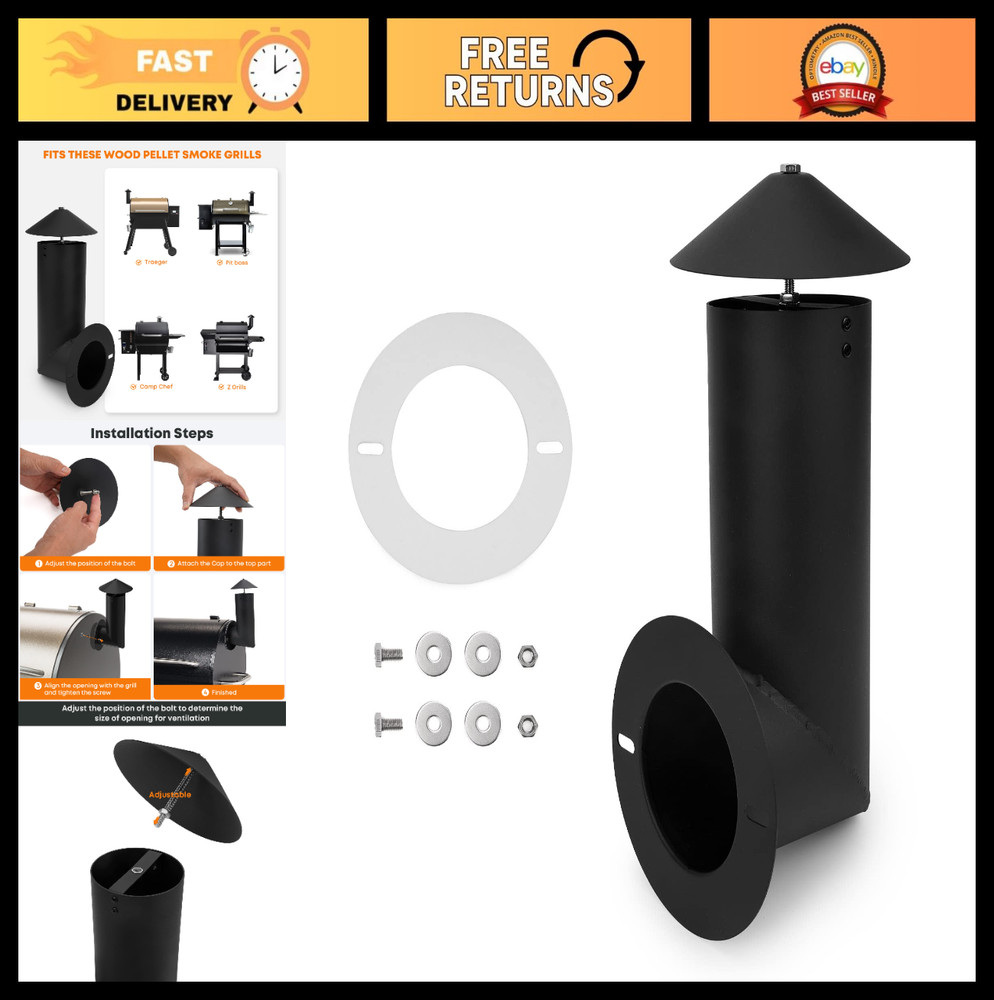 Pellet Grill Smoke Stack for Pit Boss, Traeger, Camp Chef & Other Smokers – Blac