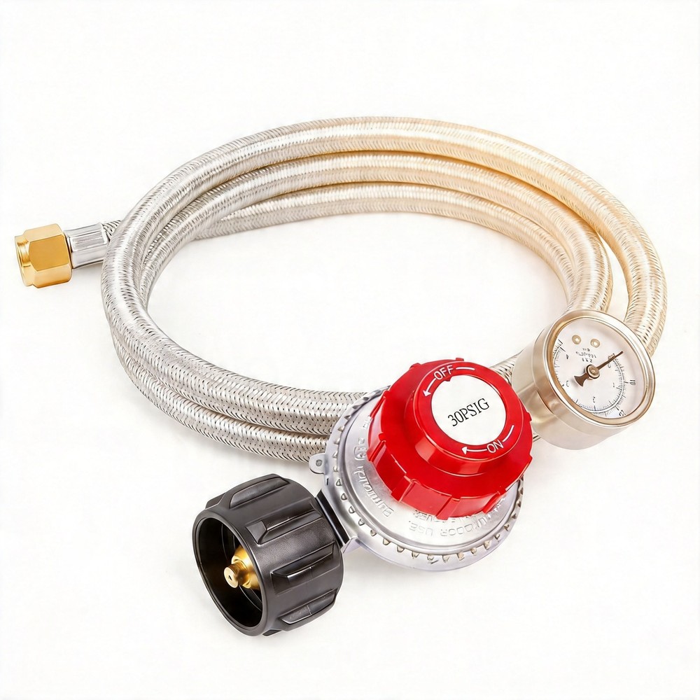 GASPRO Adjustable Propane Regulator with Gauge, 0-30 PSI, 5FT Stainless Braided