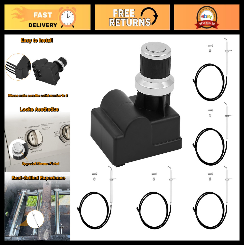 Grill Igniter Replacement Parts – 6 Outlet Wire Kit, Push Button Ignitor, Cerami