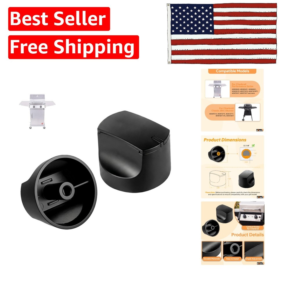 Black Control Knobs for Charbroil Grill – Set of 2 with Installation Kit