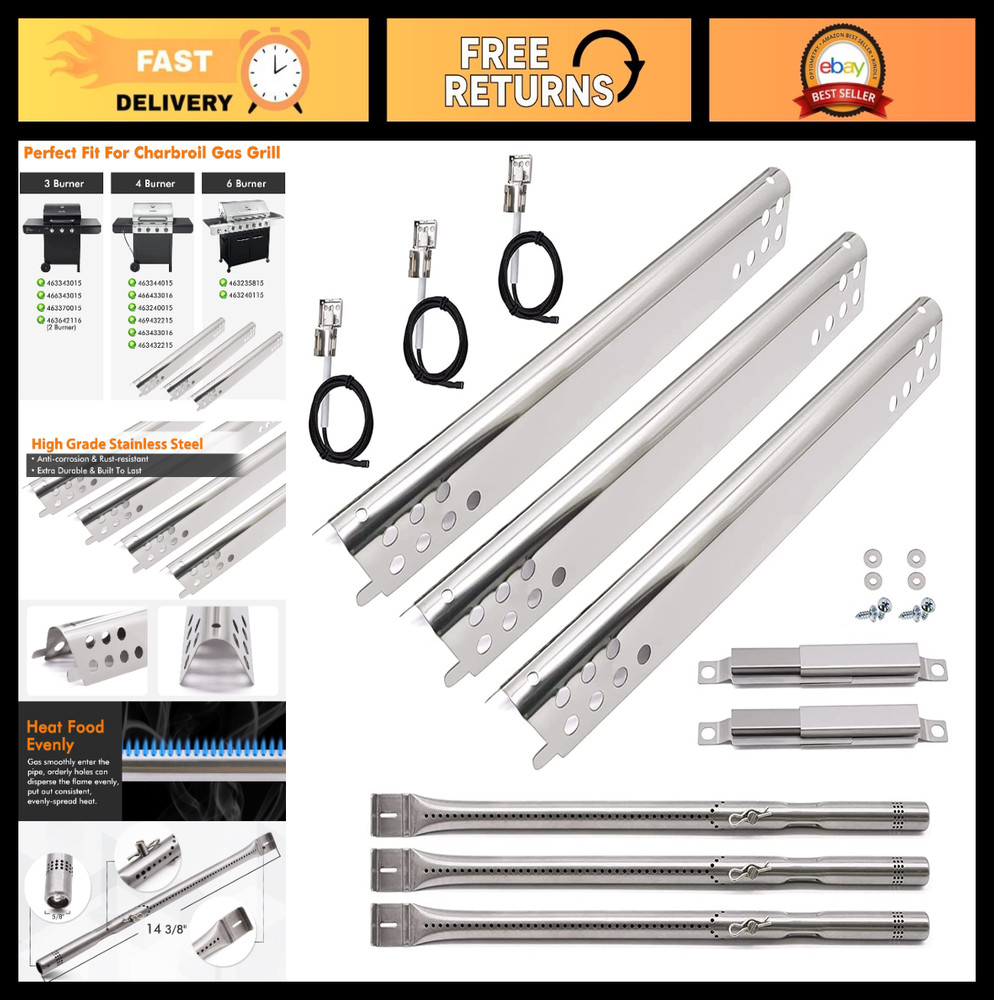 Grill Replacement Parts for 3 Burner Gas Grills – Stainless Pipe Burner, Heat Pl
