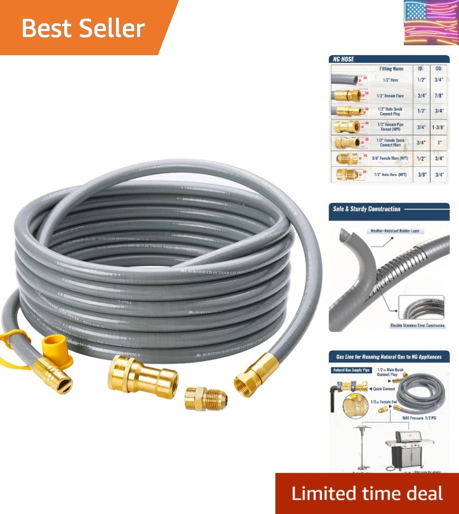 25 Feet, 1/2-Inch ID Natural Gas Grill Hose with Quick Connect Fittings .