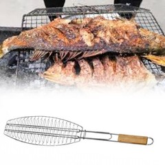 Wooden Handle Fish Grill Stainless Steel Large Size for Grilling Fish and Meat