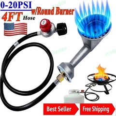 High Pressure Cast Iron Propane Round Burner Head w/ 20 PSI Regulator & 4FT Hose