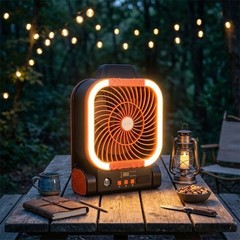 Adjustable Solar Fan with 4 Speeds Timer LED Ambient Light USB C Rechargeable