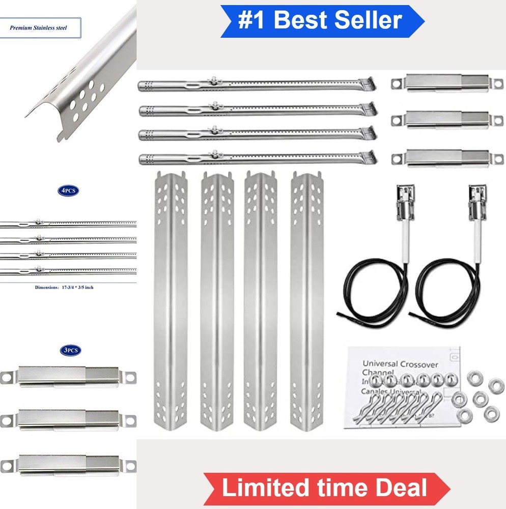 4 Burner Gas Grill Burner Tubes Heat Plates Igniters Crossover Kit Stainless